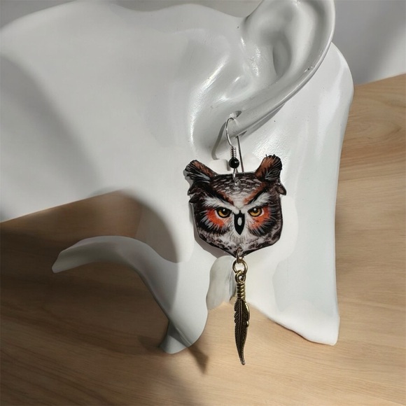 Great horned owl handpainted earrings w feather charm sterling wires OOAK - Picture 1 of 5